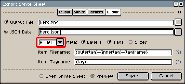 Aseprite Export Dialog